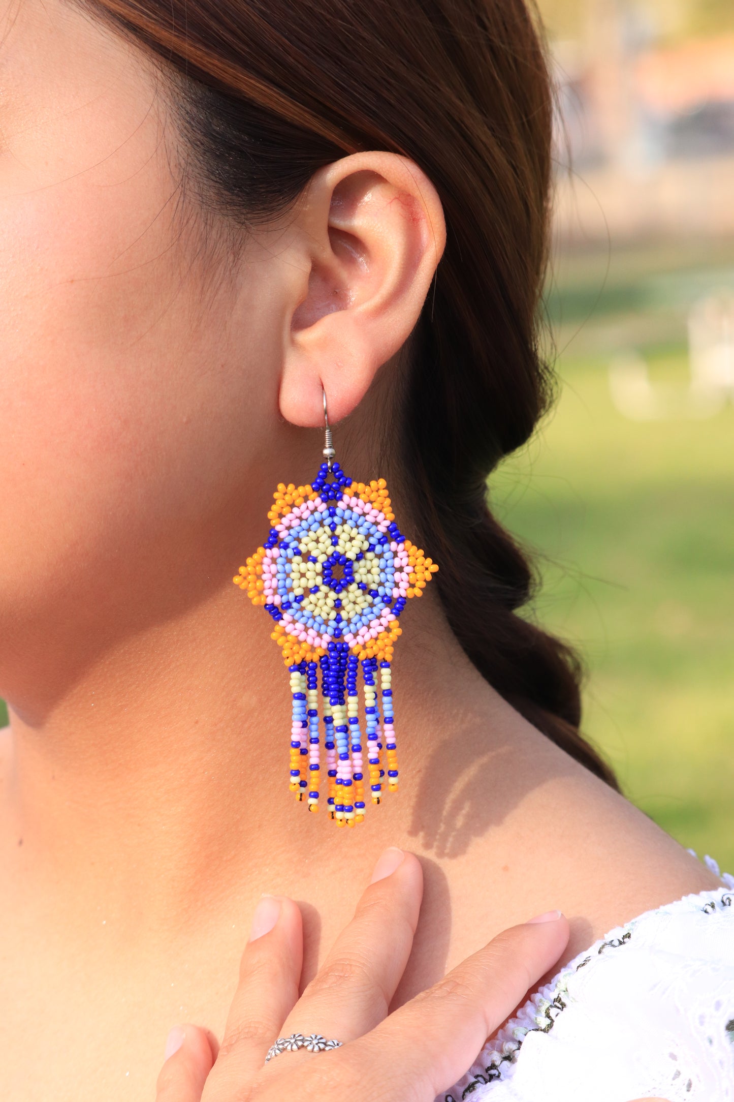 Beaded flower dangle earrings