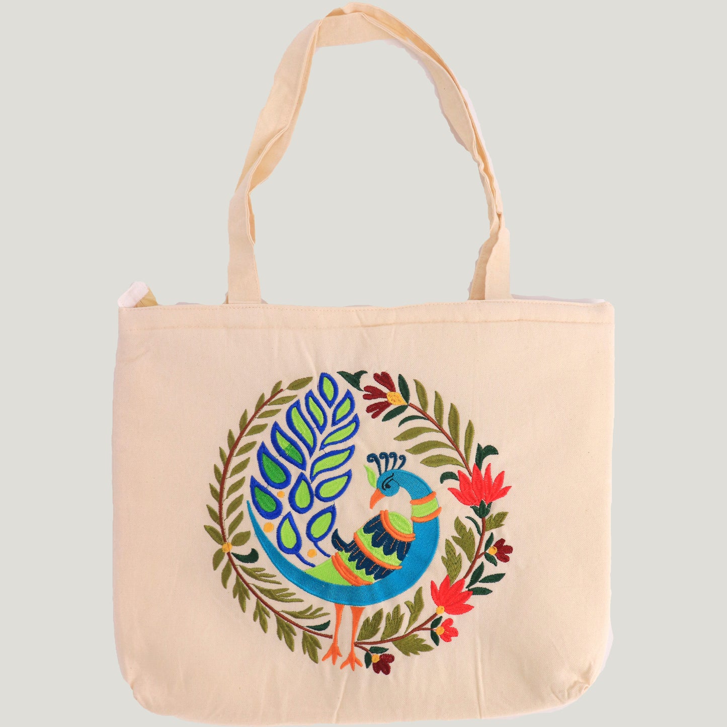 Embroidered Peacock Tote Bag